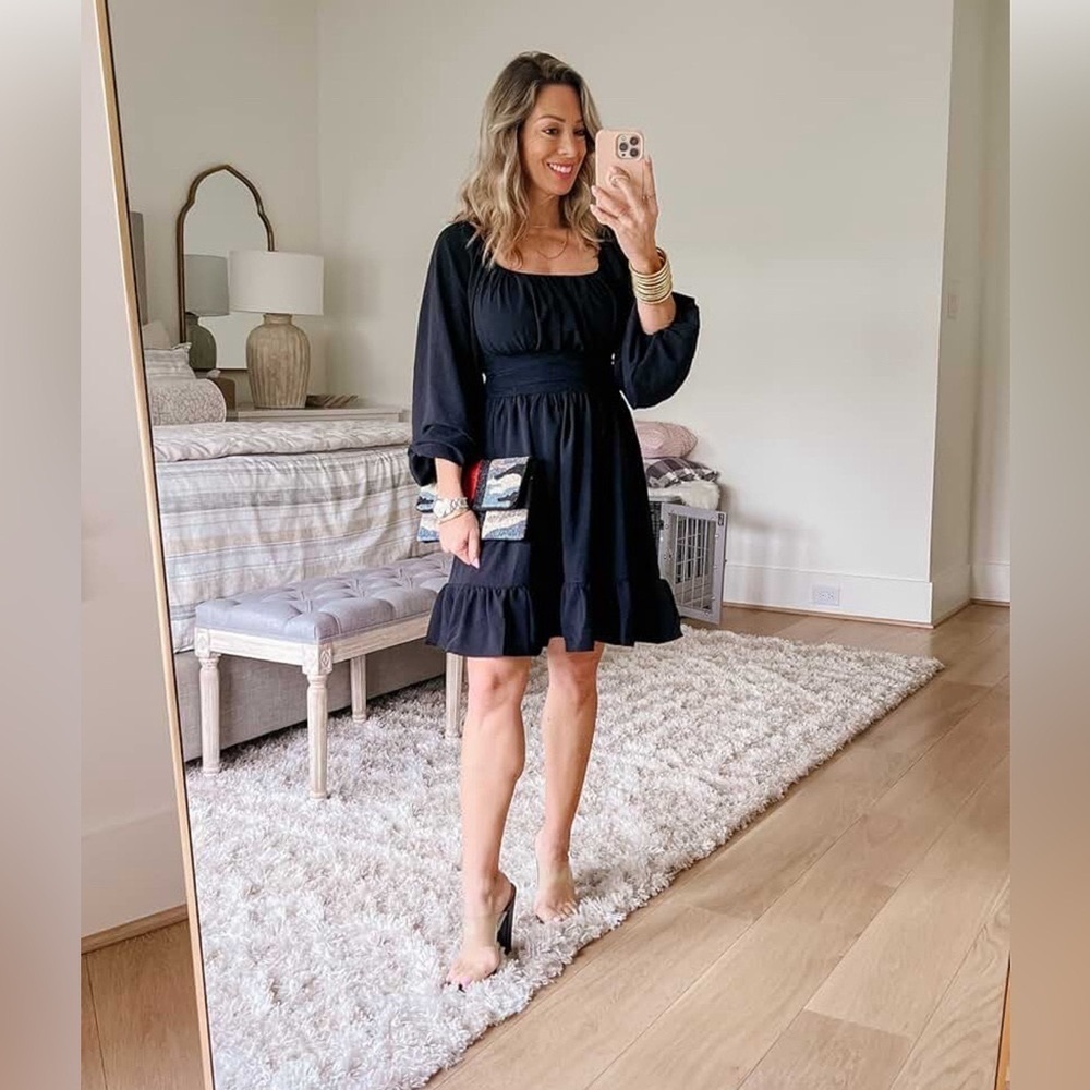 Long-Sleeve Dress with Square Neckline and Ruffled Hem- Size Medium